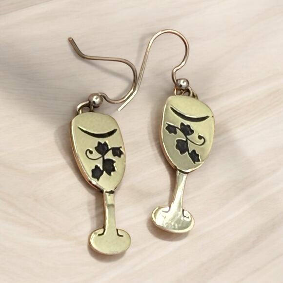 Far Fetched Silver Wine Glass Goblet Dangle Earrings Cutout Vine Design Artisan - Picture 4 of 4
